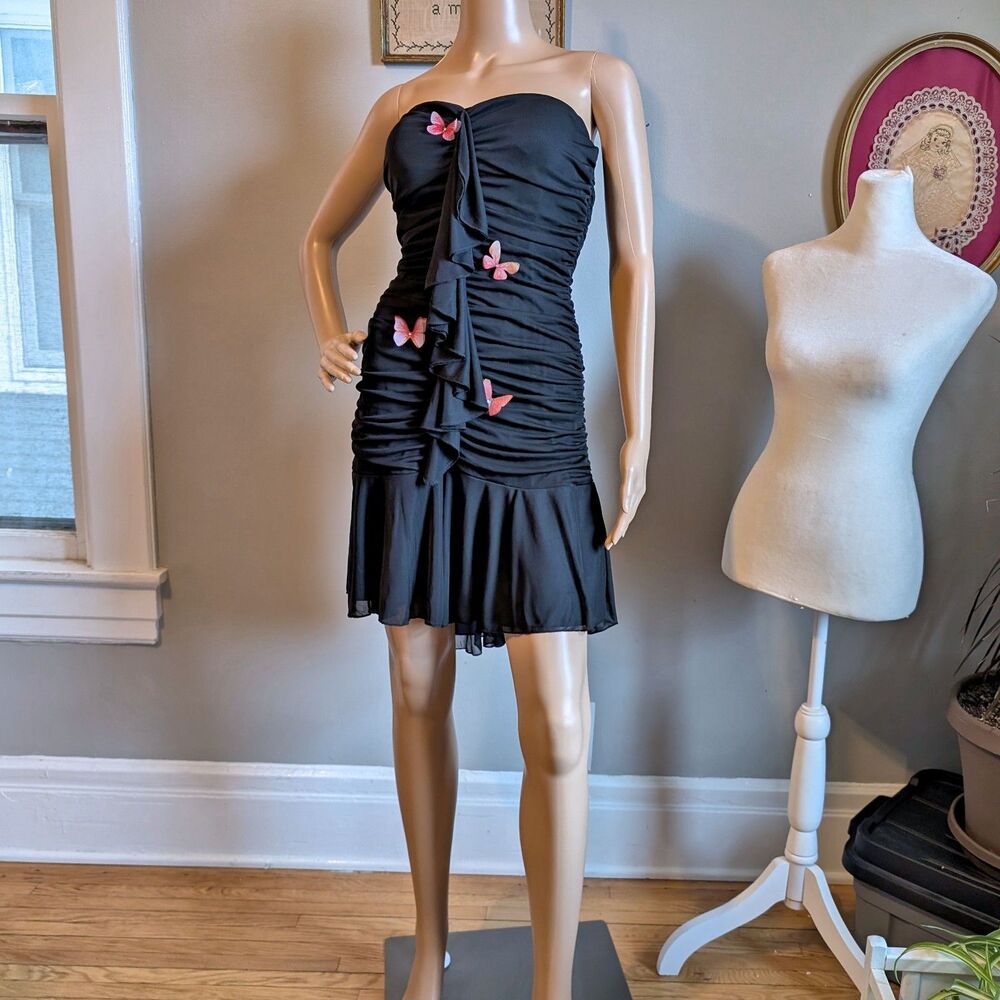 Vintage Y2K My Michelle Black Mini Dress Strapless Ruching Butterfly Rhinestone